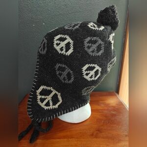 Black Peace Sign Knit Earflap Beanie/Winter Hat Boho